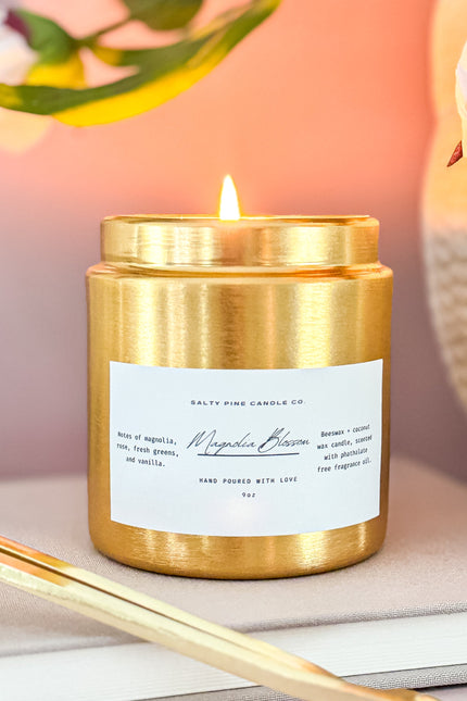 Magnolia Blossom Gold Tin Beeswax Candle - 9oz