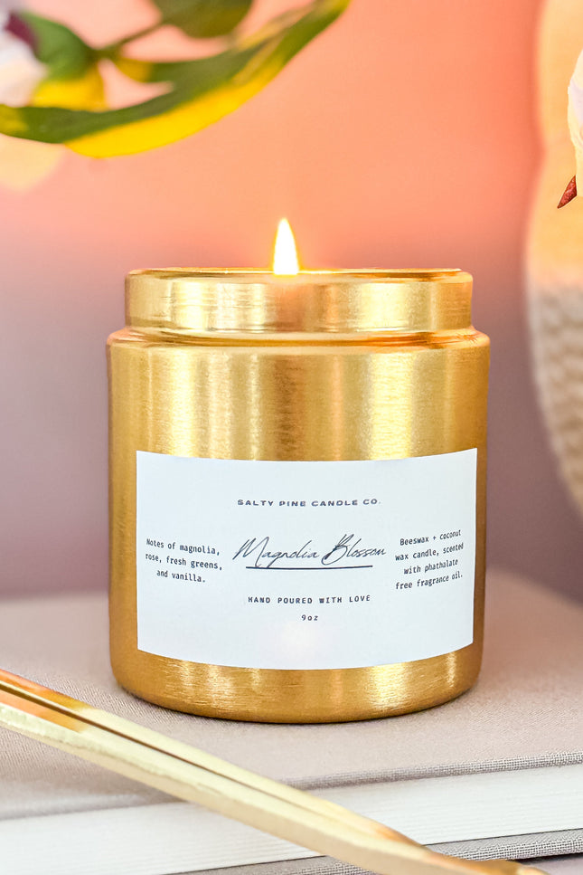 Magnolia Blossom Gold Tin Beeswax Candle - 9oz
